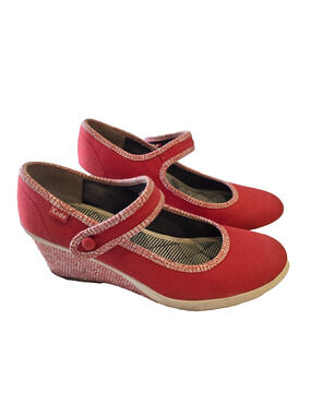 Keds Retro Wedge Shoes Womens Size 8M Red Canvas Mary Jane Paisley Print Casual